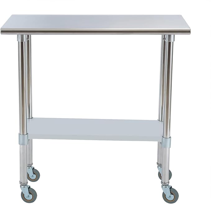 Stainless Steel Work Table 30“L x18 D, NSF Commercial Food Prep Worktable with Adjustable Undershelf and Casters for Restaurant, Home and Outdoors (30“L x18 D)