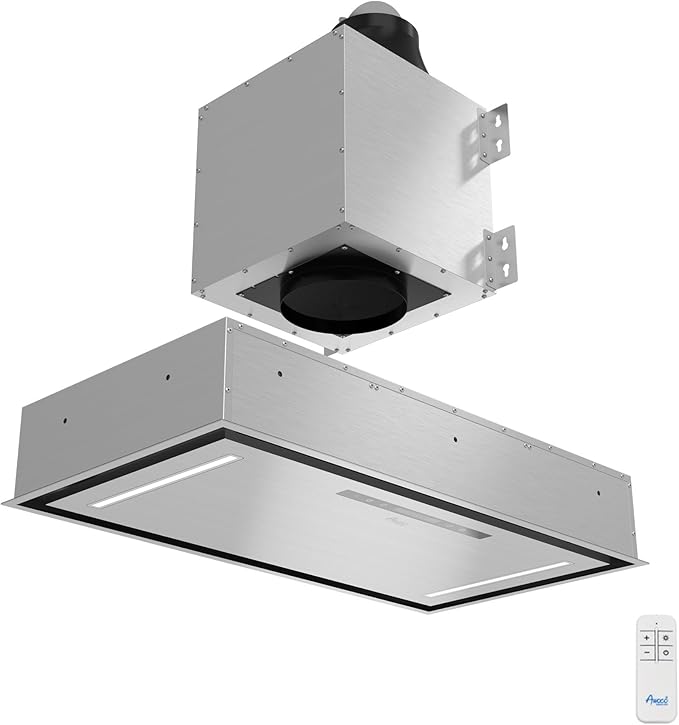 Awoco 36”W Flush Ceiling Mount Split Insert Range Hood, Stainless Steel 4 Speeds 800 CFM, 6” Round Vent LED Lights Remote Control (36"W 19"D 6" Vent)