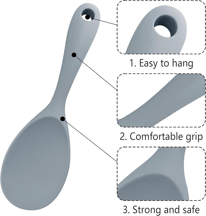2PCS 8.8 Inch Silicone Rice Paddle Spoon, Gray Non Stick Rice Spatula, Heat Resistant Rice Cooker Spoon for Rice, Salads, Mashed Potato