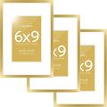 Homeforia 6x9 Picture Frame Gold, High End Metal 6 x 9 Frames with Mat 4 by 6 for Print, Photo Frame 6x9 Gold Matted to 4x6 inches Art, 6by9 Wall or Tabletop Frames, Tempered Glass, Wall Kit, Set of 3