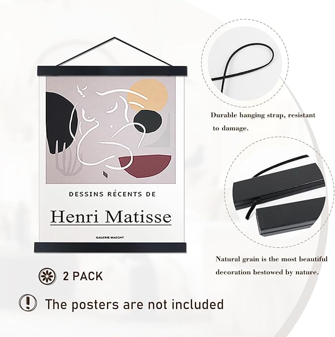 2 Pack Magnetic Poster Hanger Frame, 12x18 12x16 12x24 Light Wood Wooden Magnet Canvas Artwork Print Dowel Poster Hangers Frames Hanging Kit (Black, 12", 2 Packs)