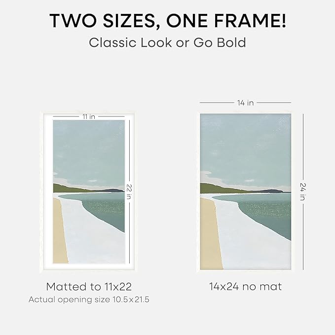 Homeforia 14x24 White Picture Frame, High End Oak 14x24 White Wooden Poster Frames with Mat 11x22 for Print, 14 x 24 Wood Frame Matted to 11 x 22 Photo, 24x14 Frame, Tempered Glass, Wall Kit, Set of 1