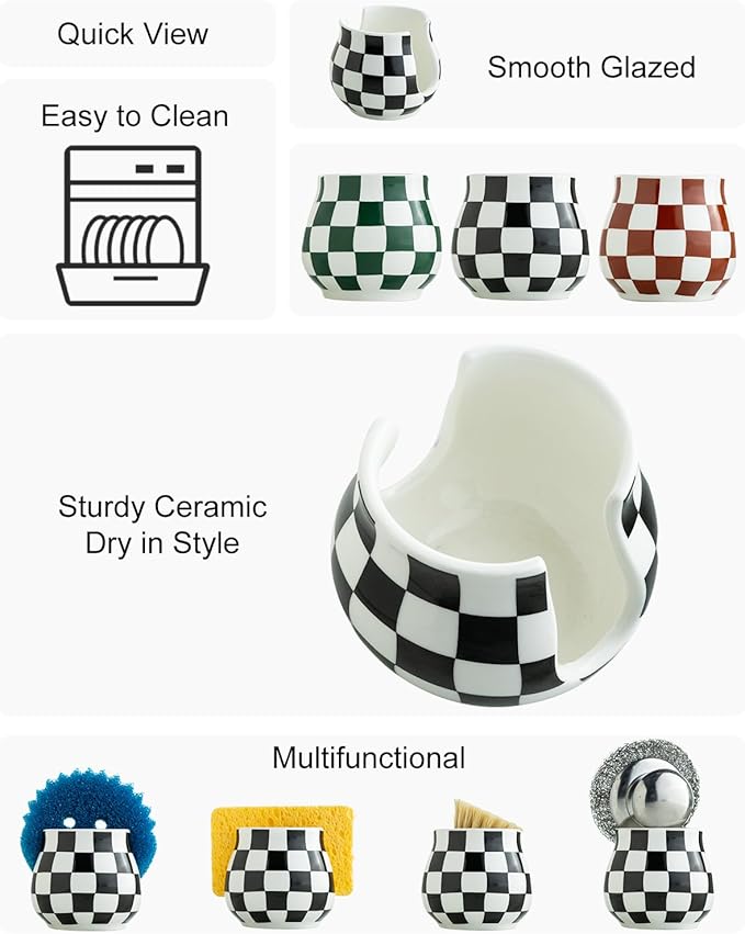 Zoeeker Sponge Holder for Kitchen Sink, Ceramic Checkered Sponge Organizer - Image 3