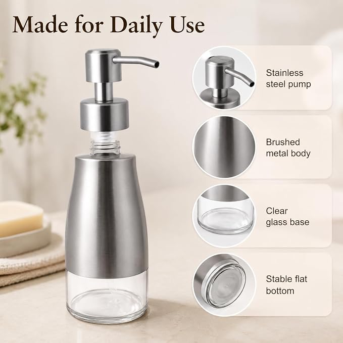 Non-Slip Soap Dispenser with Brushed Nickel Stainless Steel Case, Glass Liner - Image 3