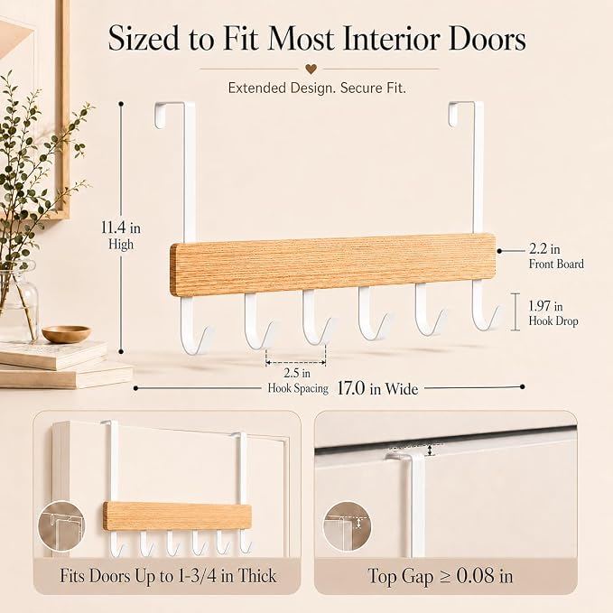 Peasulin Wood & Metal Over the Door Hooks, 11IN Over the Door Hook Rack | 6 - Image 2