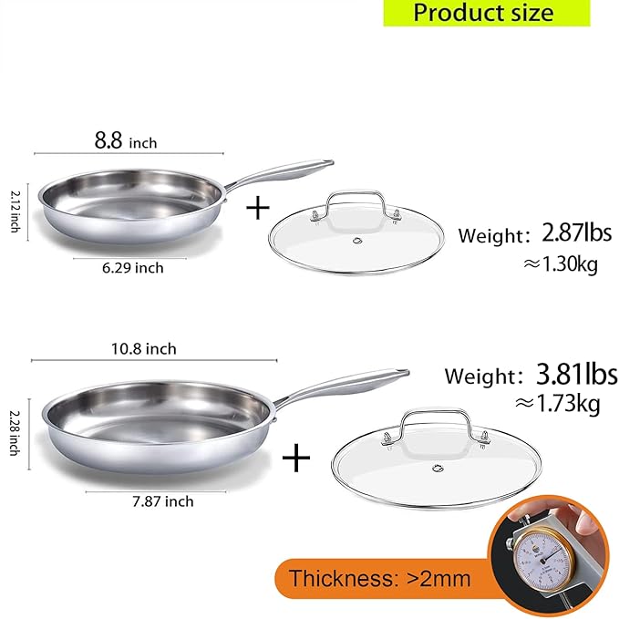 DELARLO Tri-ply Stainless Steel Frying Pan Set with Lid 8" 10" Induction large Skillets Chef's Pan,Pots and Pans Set Kitchen Cookware Set Suitable for All Stove