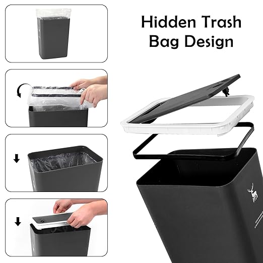 XPIY Plastic Trash Can, 12 Gallon Capacity, Black Color, Easy to Use, Prevents Spills