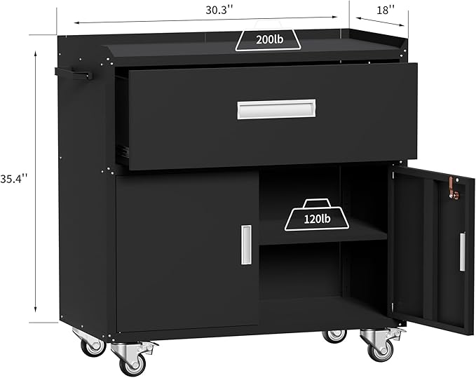 Black Metal Garage Storage Cabinet With Wheels, Lockable Tool Cabinet With Shelves, Rolling Metal Cabinet for Warehouse, Home