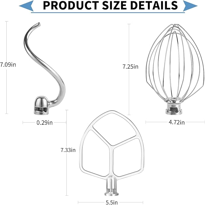 Stainless Steel 3 Piece kit Attachments，Dough Hook 6 Wire Whisk Flat Beater Compatible with KitchenAid 5Plus -6QT Mixer，Bowl Lift Stand Mixer Accessory，Rust Resistant，Dishwasher Safe