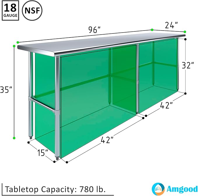 AmGood Stainless Steel Work Table Open Base | NSF Kitchen Island Food Prep | Laundry Garage Utility Bench (96" Long X 24" Deep)