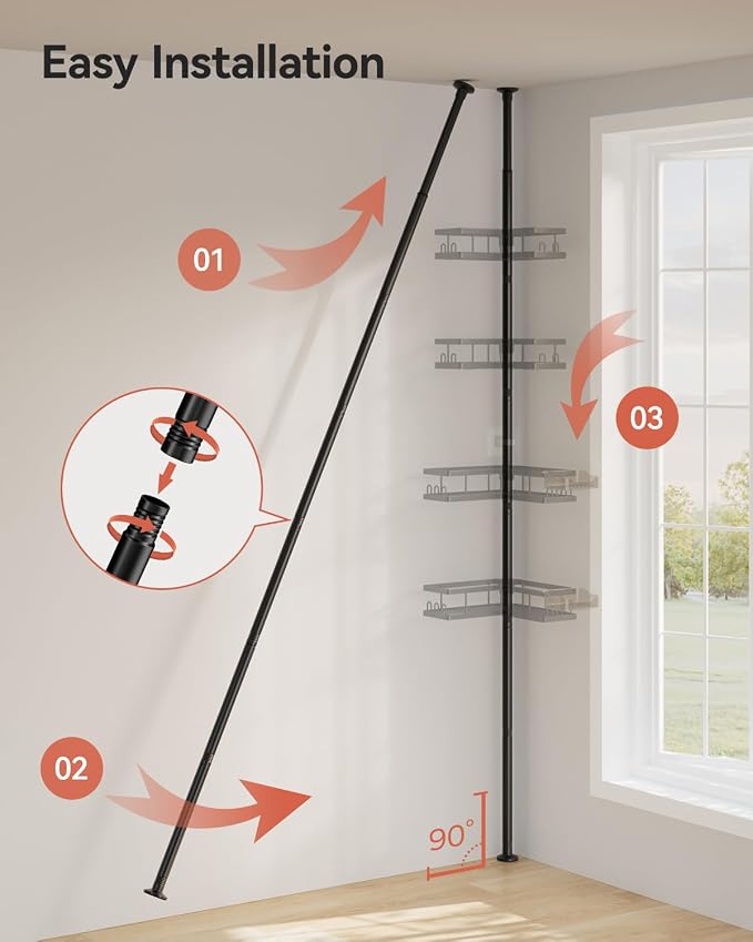 YASONIC Corner Shower Caddy Tension Pole, 25.7-109.1in Adjustable Shower Shelves - Image 9