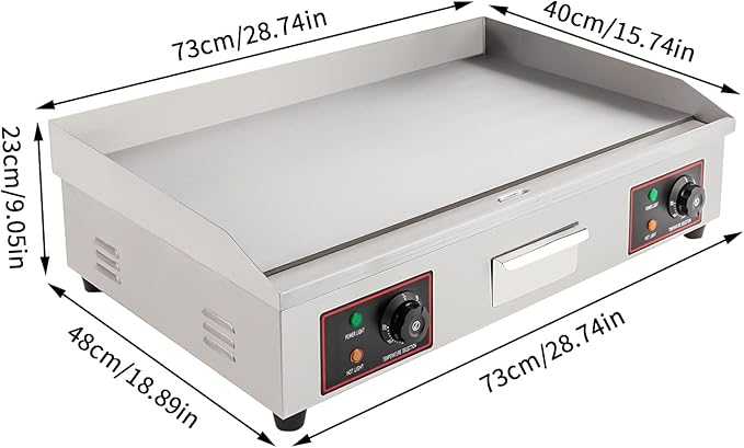 Commercial Electric Griddle, 3000W 122-572℉ Stainless Steel Countertop Flat Top Griddle Adjustable Frying Pan Thermostatic Skillet Grill w/Indicator Light for Snack Stores Canteens Supermarkets