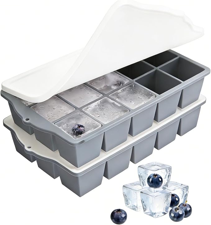 Silicone Ice Cube Tray, 2 Pack Easy-Release Stackable Ice Trays for Freezer with Lid 15 Reusable Cubes, Food Grade BPA Free Ice Molds for Whiskey, Baby Food, Coffee, Cocktail, Drinks (Grey)