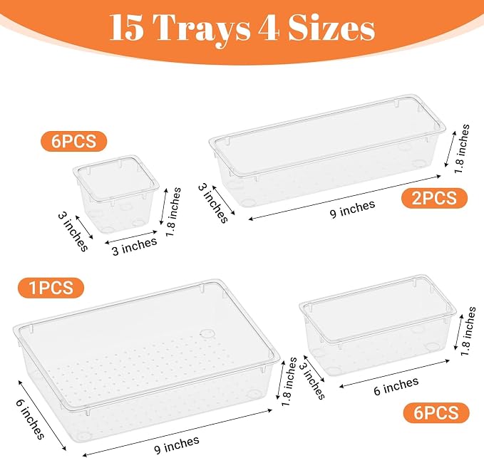 SpaceHacks 15 PCS Plastic Drawer Organizer Set, Drawer Storage Trays | 4-Size - Image 3