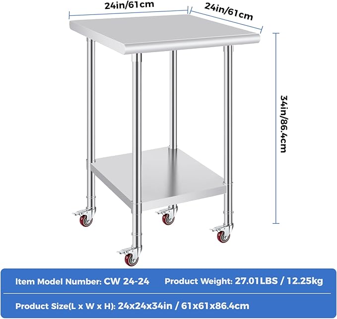 OSTBA Stainless Steel Table for Prep & Work 24x24 Inches with Casters Wheels, NSF Metal Commercial Heavy Duty Table with Adjustable Undershelf for Restaurant Kitchen Home and Hotel