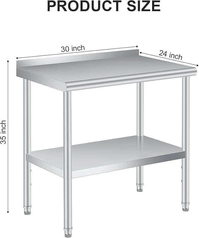 Stainless Steel Prep Table, 30 x 24 Inches, with Backsplash, Adjustable Undershelf, Commercial Heavy Duty Table with Adjustable Under Shelf for Outdoor Use,Restaurants,Hotels,Works
