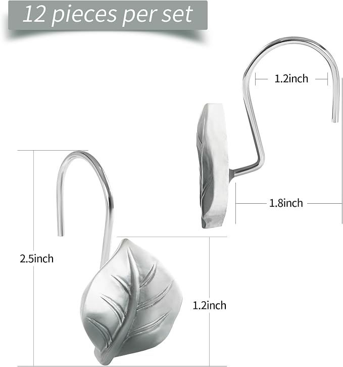 Grey Plant Leaf Shower Curtain Hooks, Eucalyptus Bathroom Decor, Metal Rustproof - Image 6