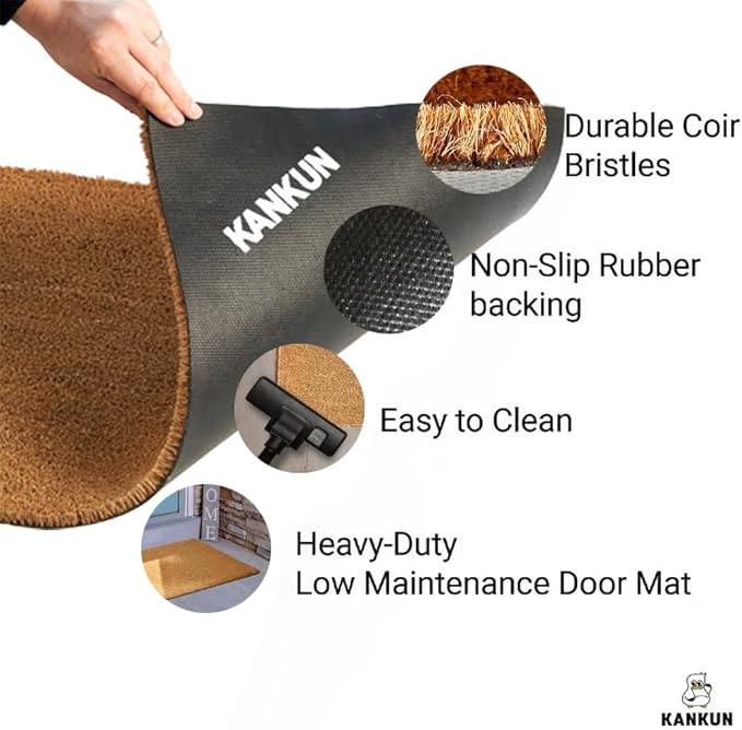 KANKUN Coco Coir Door Mat with Heavy Duty Backing, Welcome Doormat (17" x 30"), Doormat Entrance (Cat)