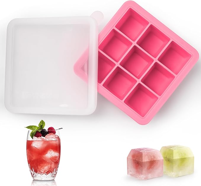 Silicone Ice Cube Tray with Lid,9x1.3 inch,Small Ice Cube Trays for Freezer | Mini Ice Cube Trays-Nugget Ice Tray with lid for Mini Fridge with Freezer for Coffee,Baby Food,Pink ice tray