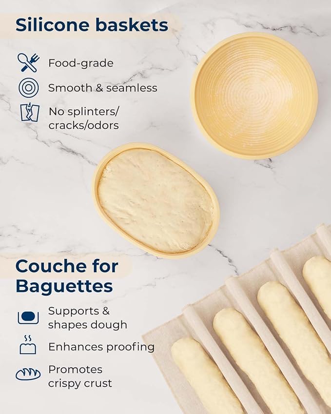 Silicone Banneton Bread Proofing Baskets Set of 2, 9" Round & 10" Oval Foldable Sourdough Proofing Baskets with Sourdough Bread Baking Supplies, Complete Bread Making Kit