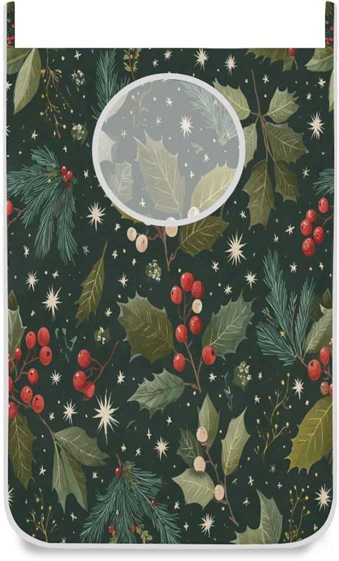 Green Christmas Holly Berries Pine Needles Leaves Hanging Laundry Hamper Door by Tatenale