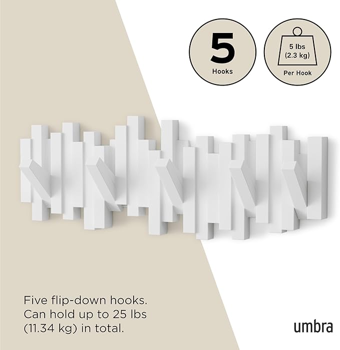 Umbra Sticks Wall Mount Coat Rack, 5 Hook Retractable Pegs, sculptural modern - Image 5
