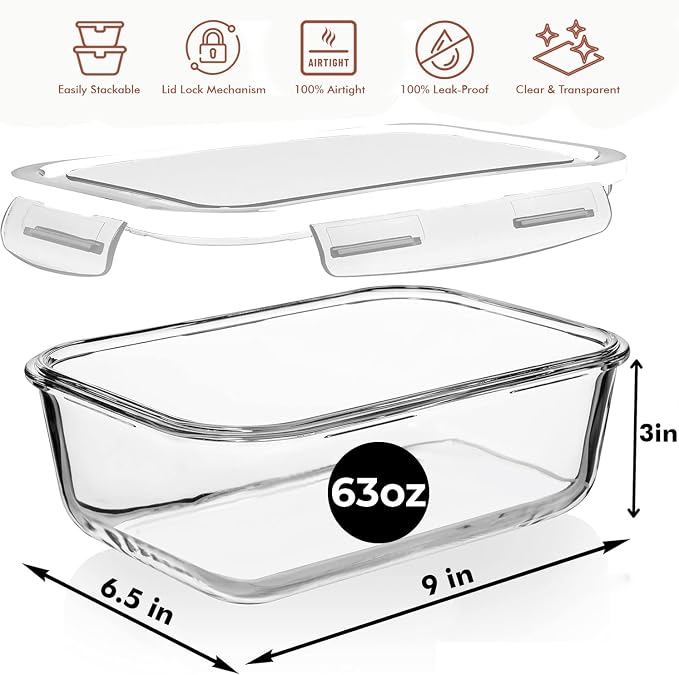 Razab 4 PC 1860ml / 63 Oz / 8 Cups Large Glass Food Storage Containers - Image 3