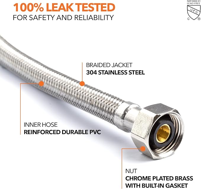 Stainless Steel Braided Water Connectors with Reinforced PVC Inner Hose for Faucets, 3/8" Compression x 1/2" FIP, 16" Lenthg (2Pack)