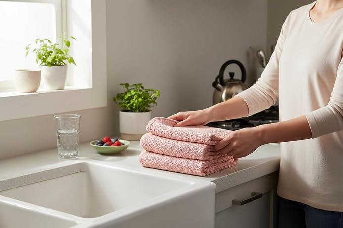 Light Pink Kitchen Hand Dish Towels, 100% Cotton - Image 2