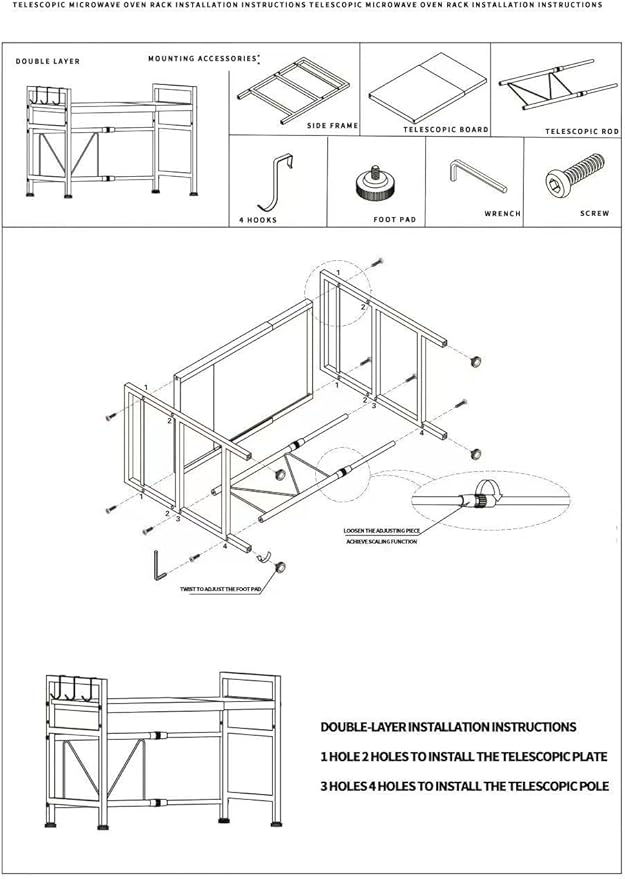 Expandable Microwave Oven Rack, Double Layer Carbon Steel Adjustable Microwave Shelf, Toaster Rack Heavy Duty Stand Kitchen Countertop Organizer, 55 lb Load Bearing, 2 Tier with 6 Hooks (Grey)