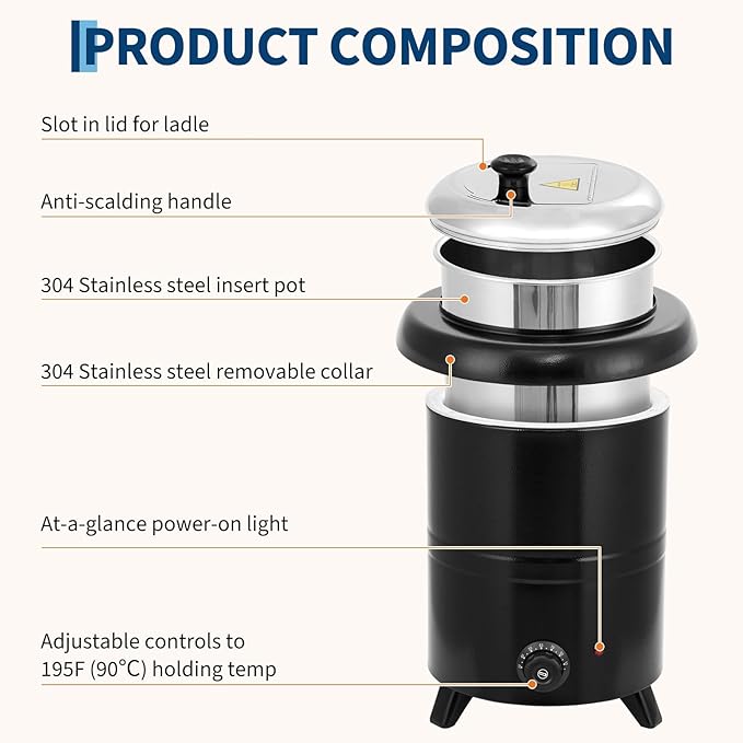 10.5QT Commercial Grade Soup Warmer Kettle with Hinged Swing Lid and Detachable Stainless Steel Insert Pot, Electric Soup Pot for Restaurants, Catering, Buffet, Party, Big Family