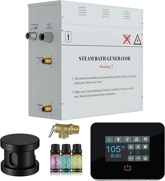 Builders Series 7.5kW Steam Bath Generator with Quickstart Continuous Steam, Black Digital Touch Pad, Built-in Auto-Drain, and Aroma Steamhead in Matte Black