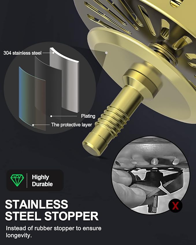 BOTEMY B9171 Gold Kitchen Sink Drain Kit 3 1/2 Sink Strainer for Kitchen Sink with Stainless Steel Strainer Stopper Drain Assembly Basket Strainer Fit Standard Sink Drain Hole