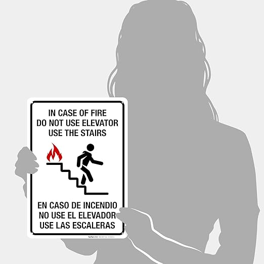 in Case of Fire Do Not Use Elevator Use The Stairs Bilingual Sign, Fire Safety Sign, 10x14 Inches, 55 mil Thick HDPE (high Density polyethylene), Made in USA
