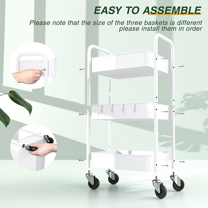 LEHOM 3 Tier Rolling Storage Cart, Metal Trolley Utility Cart with Wheels & Hooks, Easy Assembly Organizer Storage Cart for Bathroom Kitchen Office Bedroom