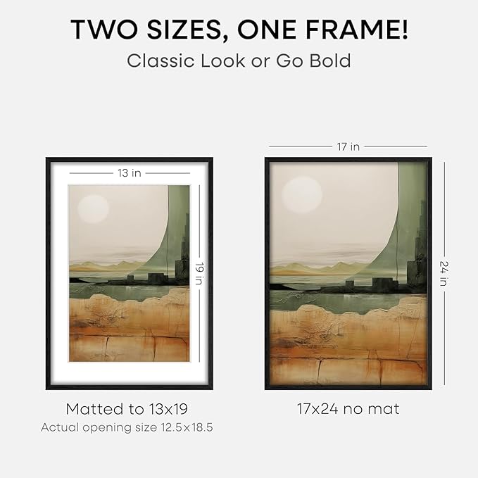 Homeforia 17x24 Picture Frame Black Wood, High End Oak 17x24 Poster Frames with Mat 13x19 Photo, 17 x 24 Wooden Frame Matted to 13 by 19 Print, 24x17 Hanging Frames, Tempered Glass, Wall Kit, Set of 1