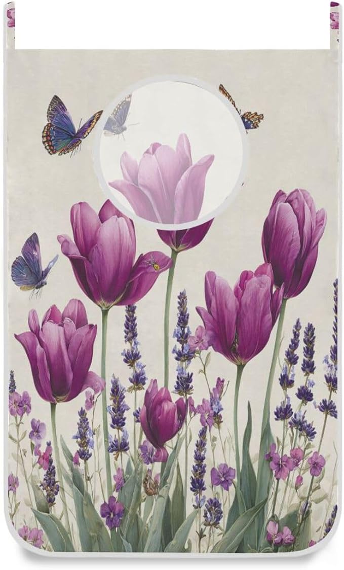 Purple Tulilp Butterfly Hanging Laundry Hamper Door Hampers Bag Basket by Tatenale