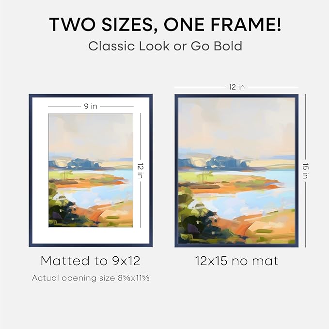 Homeforia 12x15 Navy Blue Picture Frame, High End Metal 12x15 Poster Frames with Mat 9x12 Photo, 12 x 15 Navy Blue Frames Matted to 9 by 12 Print, 15x12 Thin Frames, Tempered Glass, Wall Kit, Set of 1
