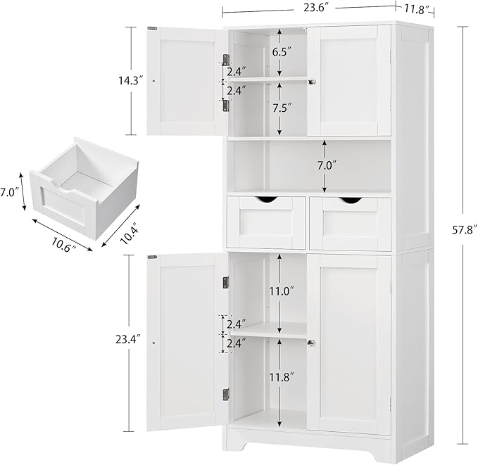TEENFON 57.8" H Tall Bathroom Storage Cabinet with 4 Doors & 2 Adjustable Shelves, Freestanding Bathroom Cabinet with 2 Drawers, Kitchen Cabinets & Pantry, Cupboard for Kitchen, Dining Room, White
