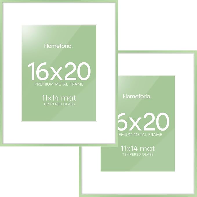 Homeforia 16x20 Sage Green Picture Frame, High End Metal 16x20 Poster Frame with Mat 11x14 inch Photo, 16 x 20 Sage Green Frame Matted to 11 by 14 Art, 20x16 Frame, Tempered Glass, Wall Kit, Set of 2
