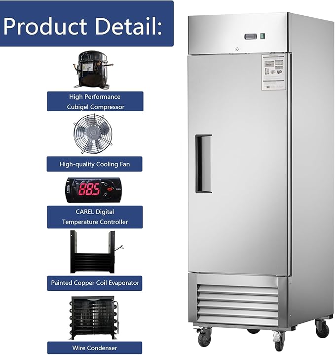 27" Commercial Freezer, Upright Freezer with 1 Solid Door, -8℉ ~ -2℉, 19 Cu.Ft Reach-in Freezer, Stainless Steel Interior and Exterior Construction, ETL and DOE