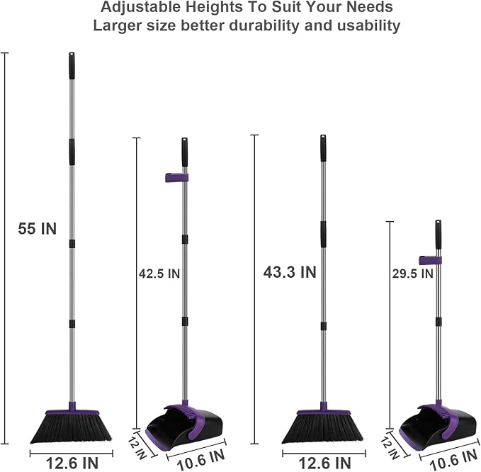 Purple Broom and Dustpan Combo Set, Extended Reach Design, Built-in Comb Dustpan - Image 2