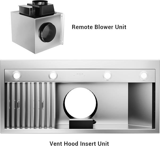 CT Copper Tailor 42-inch Range Hood Insert with Inline Remote Blower,1260CFM Kitchen Vent Hood, 4-Speed Exhaust Fan, 4 LED Lights, 8" Round Ducted,Baffle Filters, in Stainless Steel