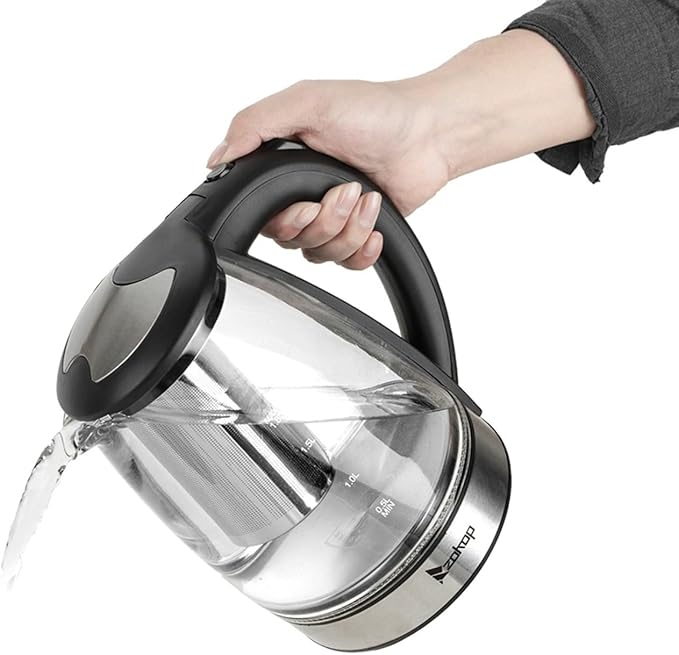 Electric Kettle, 1.8L Glass Teapot with Removable Tea Infuser - No Plastic Contact, 7-Color LED Light & Mesh Filter, 1200W Fast Boiling for Tea, Coffee, Hot Cereal (110V, Black)
