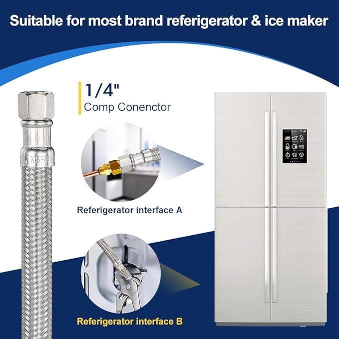 10ft Ice Maker Water Line Stainless Steel Braided – Flexible Refrigerator Water Supply Tube with 1/4" Quick Connect Fitting, Universal Fit