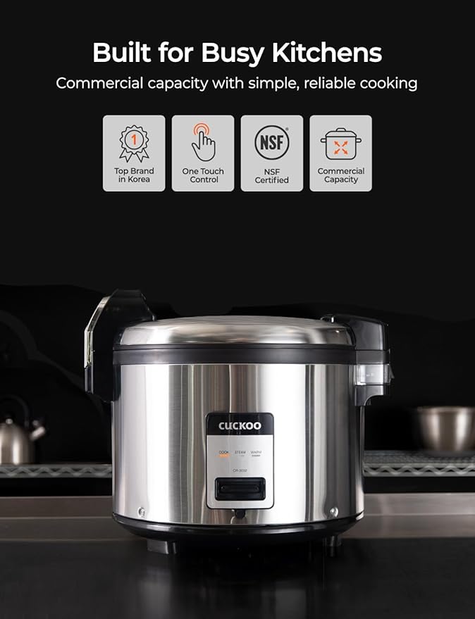 CUCKOO Commercial Rice Cooker & Warmer, Extra Large Rice Cooker 30-Cup Uncooked / 60-Cup Cooked, Professional Industrial Grain Cooker with Large Capacity, Easy One-Touch Operation, Silver (CR-3032)