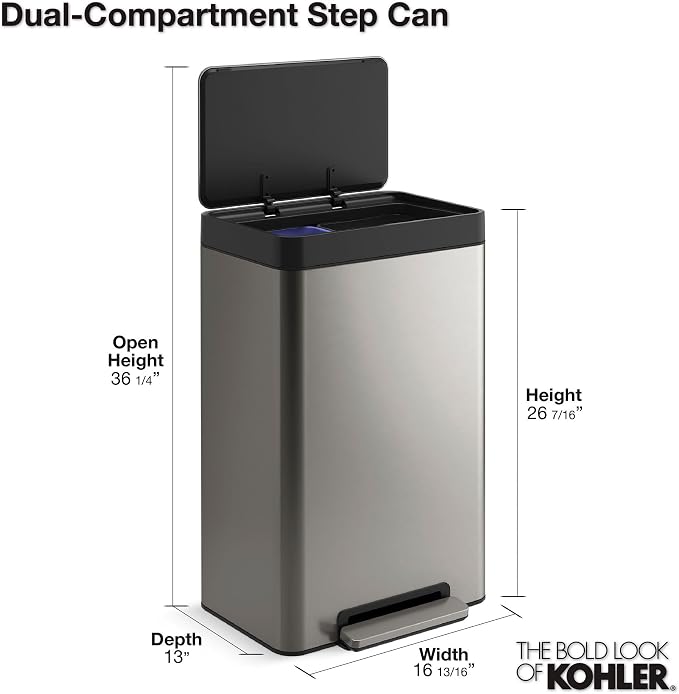 Kohler 20956-STW 11 Gallon Dual Compartment Trash Can, Quiet-Close Lid - Image 7