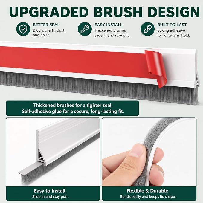 Door Draft Stopper with Brush, 2 Pack | Self Adhesive Weather Stripping - Image 5