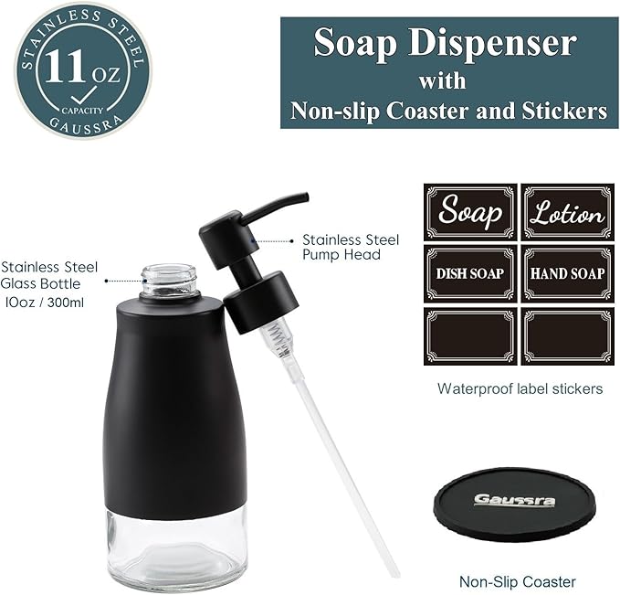 Gaussra Black Soap Dispenser - 11 OZ / 320 ML | Refillable Lotion Stainless - Image 3
