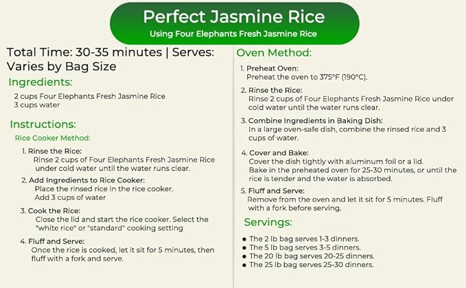 5 Pounds (LBS) Premium Thai Hom Mali Jasmine Rice | Endorsed By Pro Chefs | Four Elephants Brand | DIY Friendly Cooking Instructions Packaging
